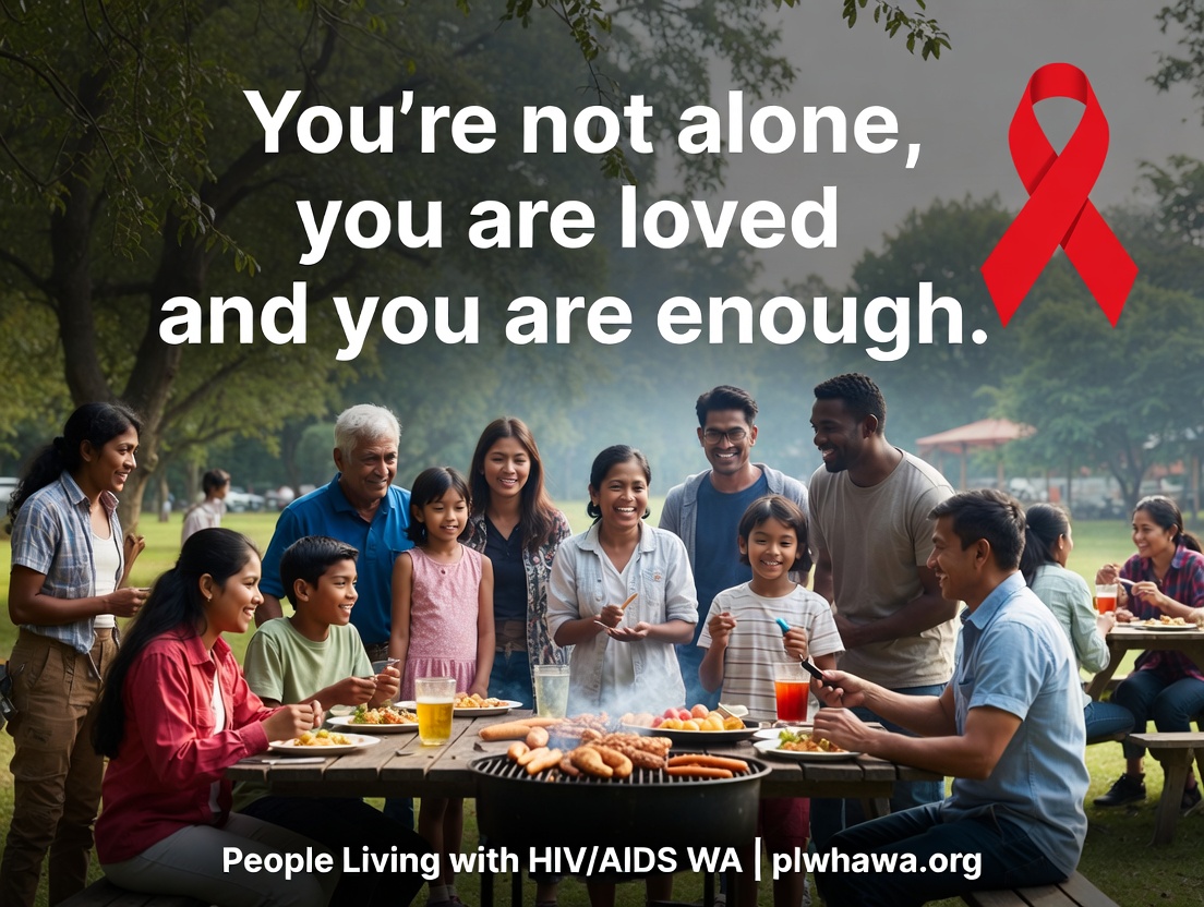 Friends enjoying a BBQ in the park with red ribbon and positive message