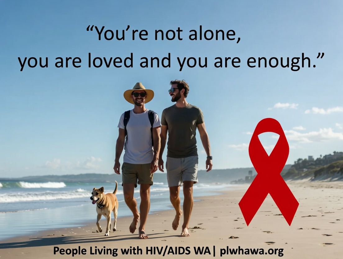 Couple walking on the beach with their dog and red ribbon