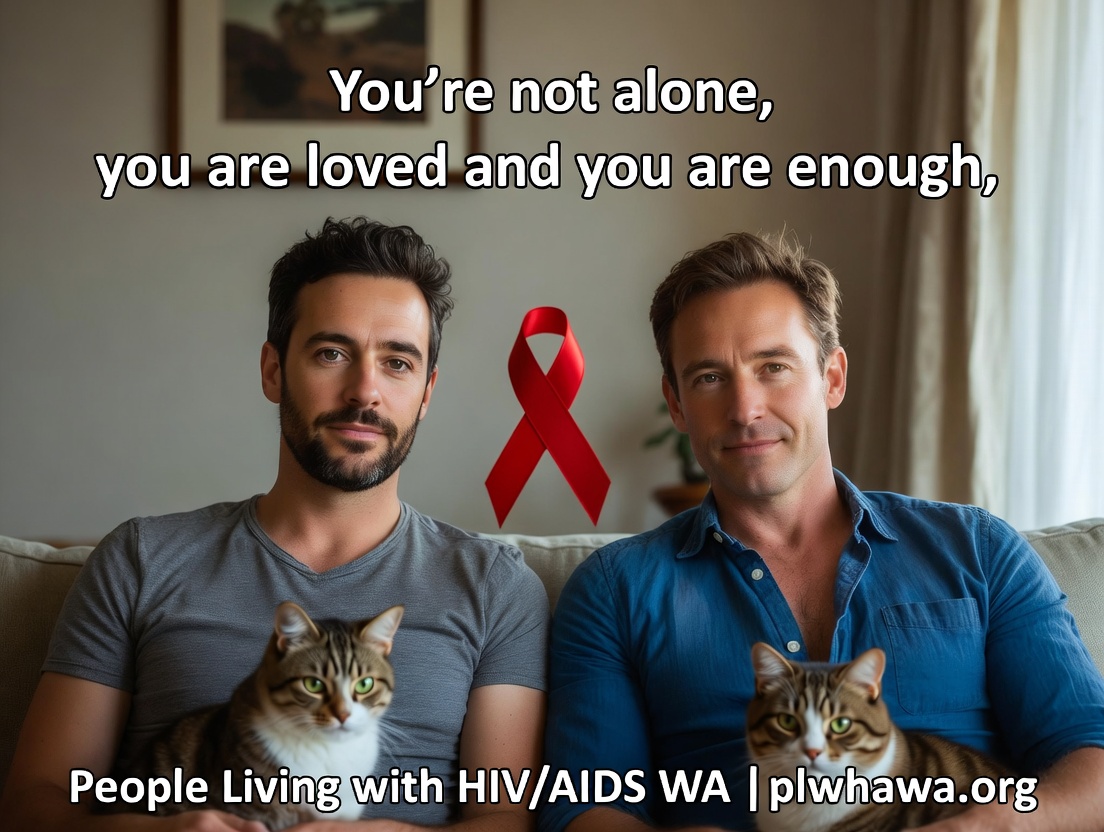 Two men relaxing at home with their cats and red ribbon