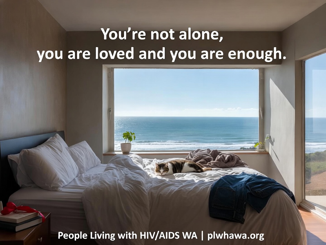 Peaceful unmade bed with sleeping cat and ocean view, red ribbon