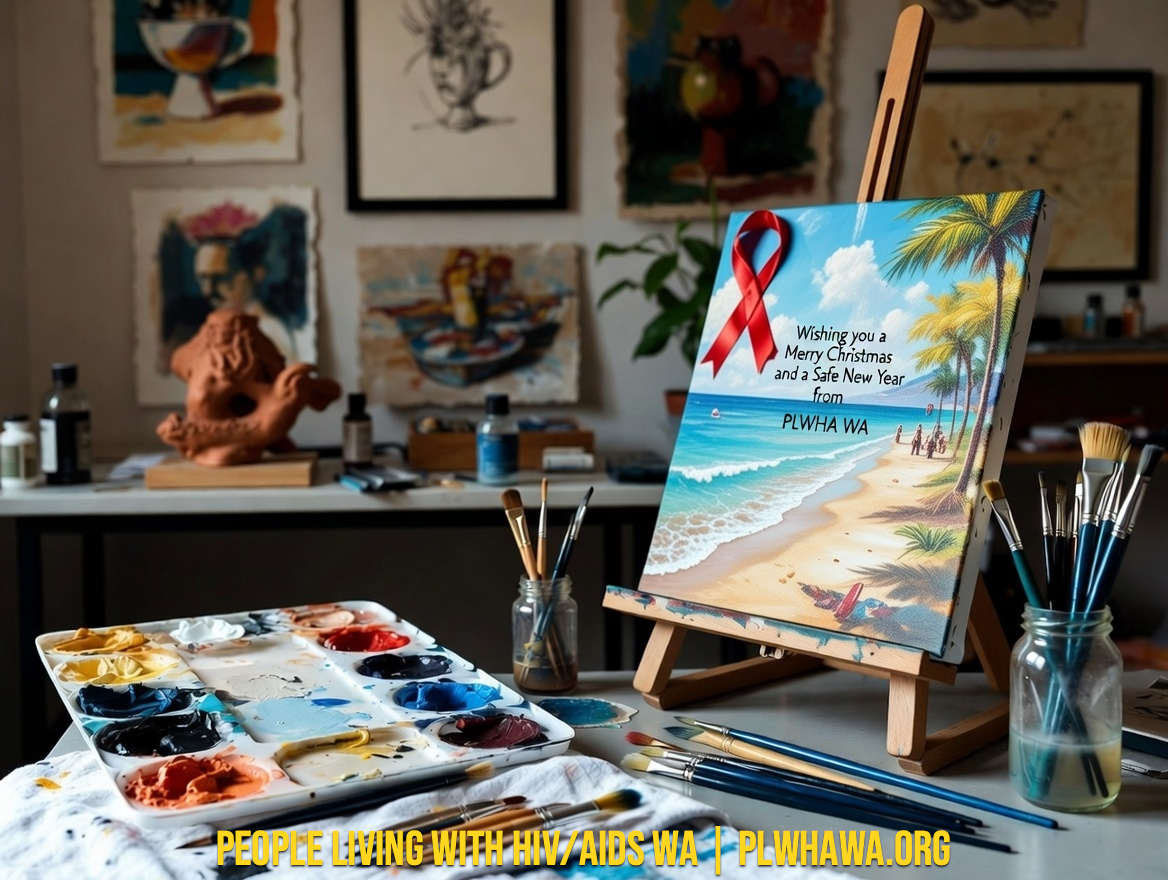 PLWHA WA logo with red ribbon and festive Christmas greeting